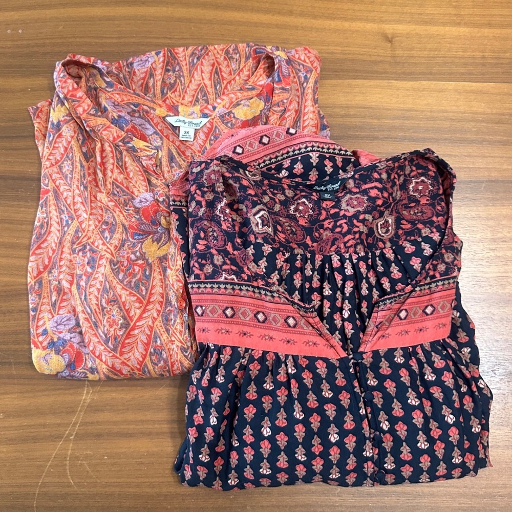 Lucky Brand Blouse Bundle Womens 3X 3/4 Sleeve Multi Color Paisley Boho Peasant
